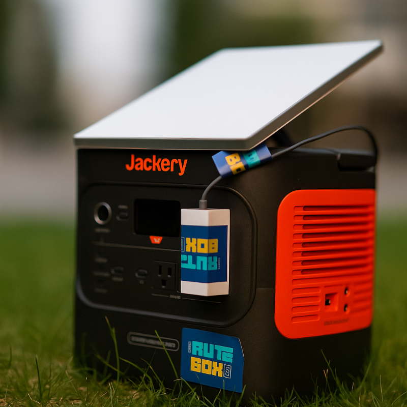 Jackery portable power station on grass with a blurred background
